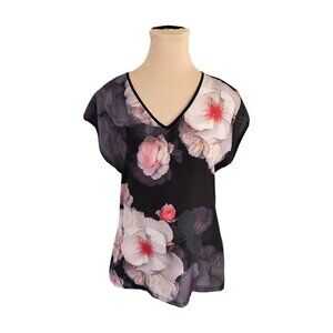 Ted Baker Black Floral Print Sleeveless Top Sz 2 US 6